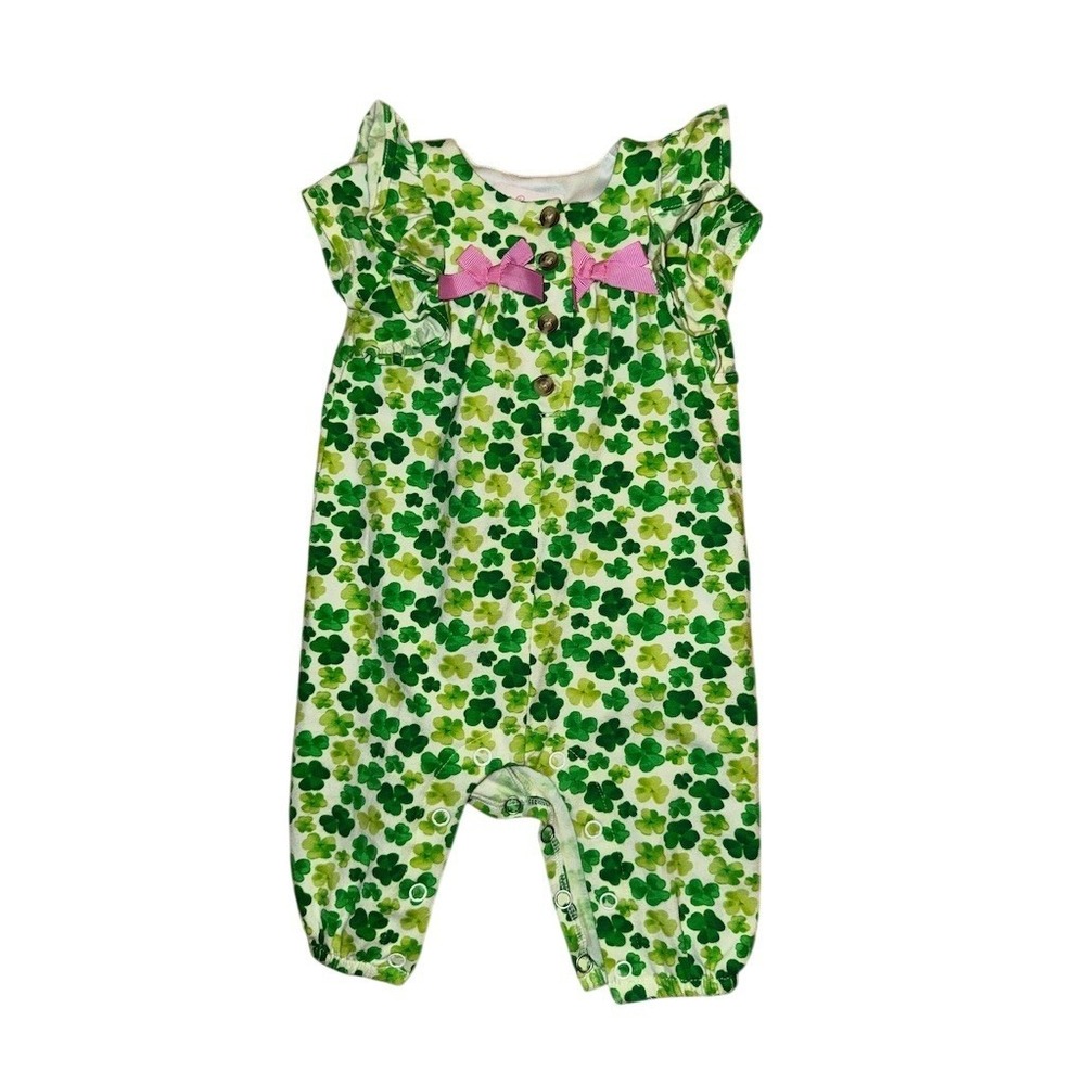Bonnie Baby Romper Girls 0-3M Green Shamrock Clover‎ St. Patrick's Day Bows